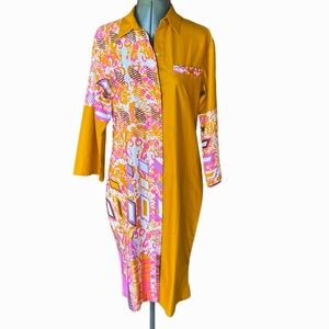 Woodin Fashion 3/4 Bell Sleeve Button Up Cotton Dress Botanical /Block Print MED